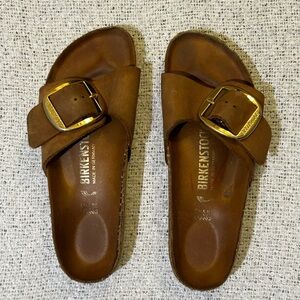 Birkenstock Madrid Brown Leather Slide Sandals with Gold Buckles Size 37